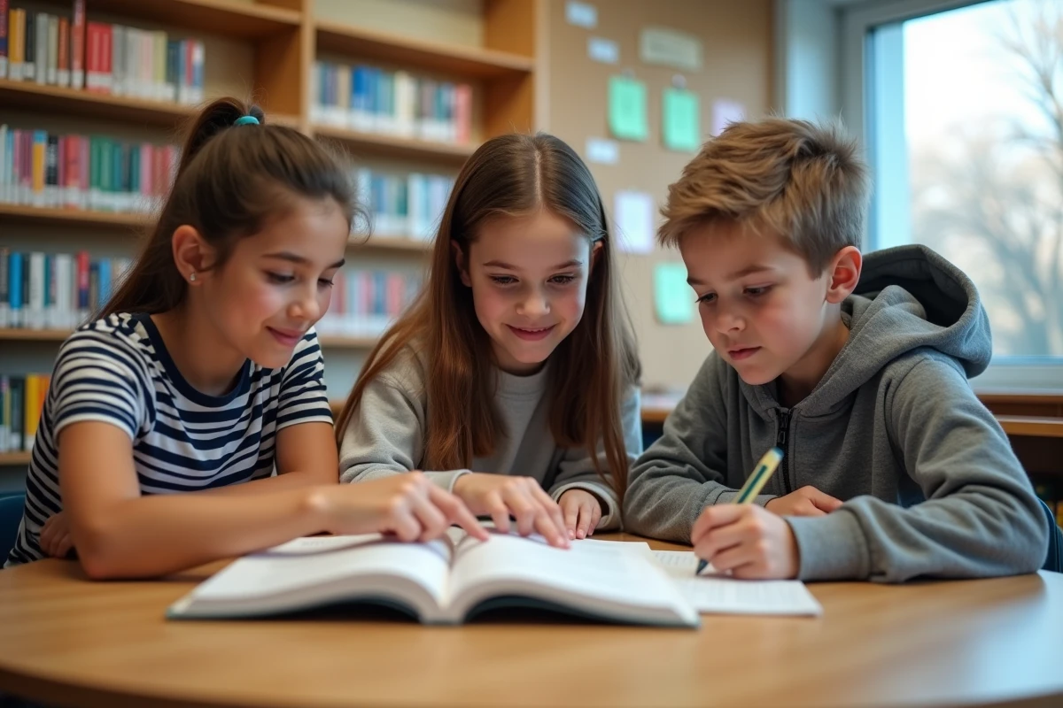 Groupe d'élèves de collège travaillant ensemble autour d'un manuel scolaire en bibliothèque
