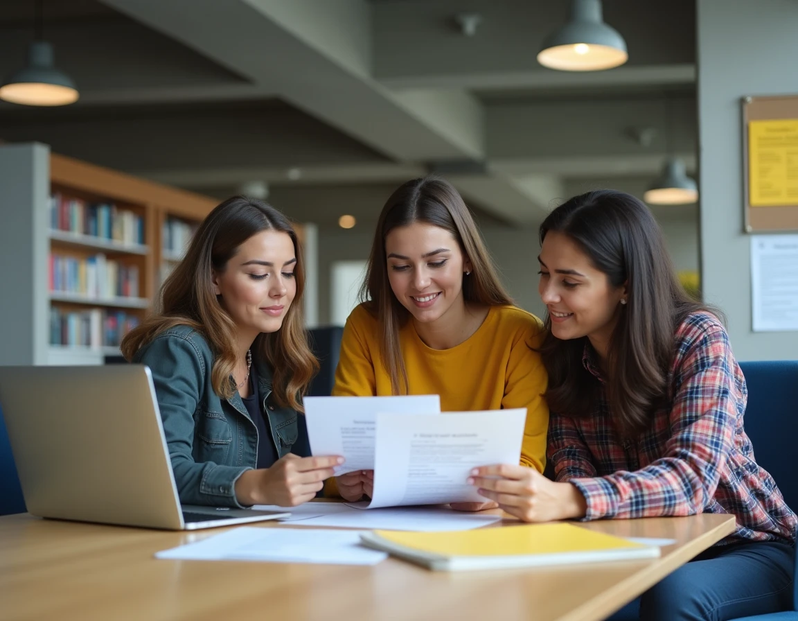 Groupe de jeunes professionnels explorant des offres d'emploi dans le secteur de l'éducation dans un centre de carrières universitaire