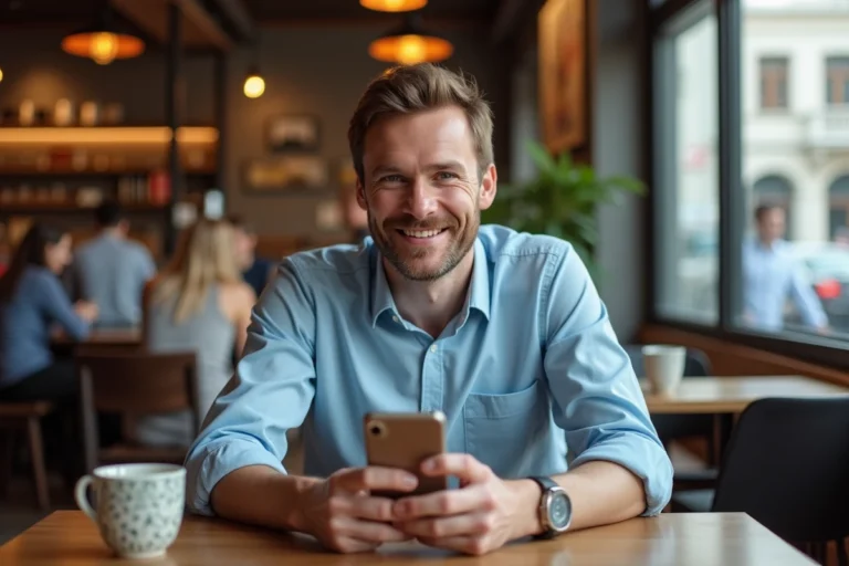 Homme au café souriant en tenant son smartphone