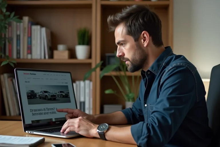Homme consultant la page sitemap d'un blog automobile sur un ordinateur portable dans un bureau à domicile