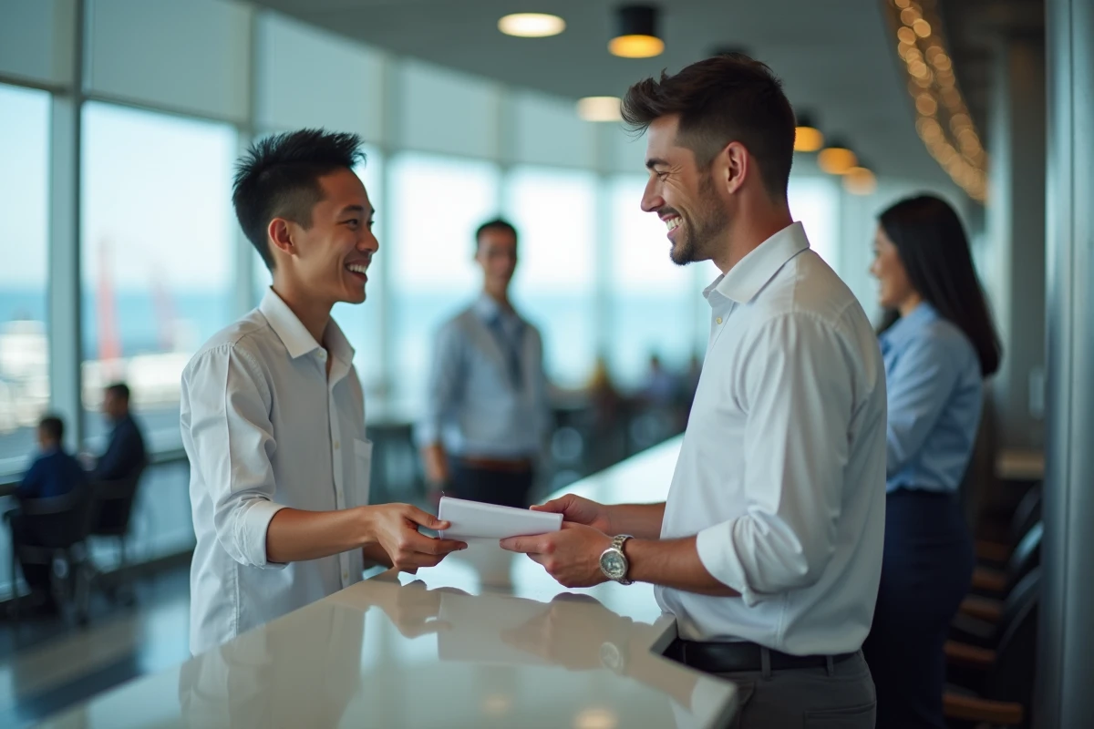 Jeune homme au terminal de croisière remettant un document au personnel
