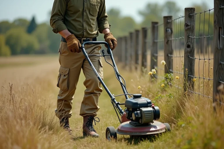 Homme utilisant une débroussailleuse à roues sur une prairie sauvage pour entretenir les bordures de jardin
