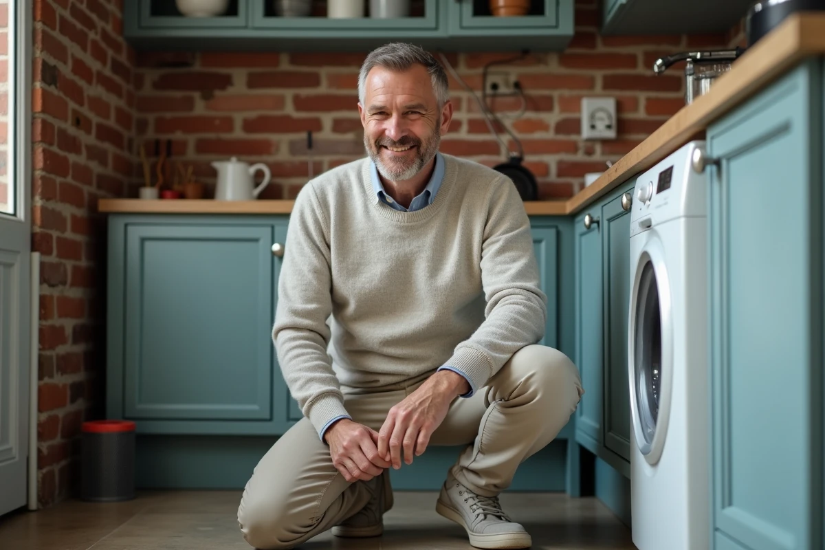 Homme installant un compteur d energie dans une buanderie