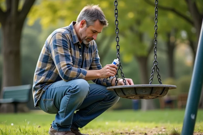 Homme d'âge moyen appliquant du lubrifiant sur une balançoire dans un parc