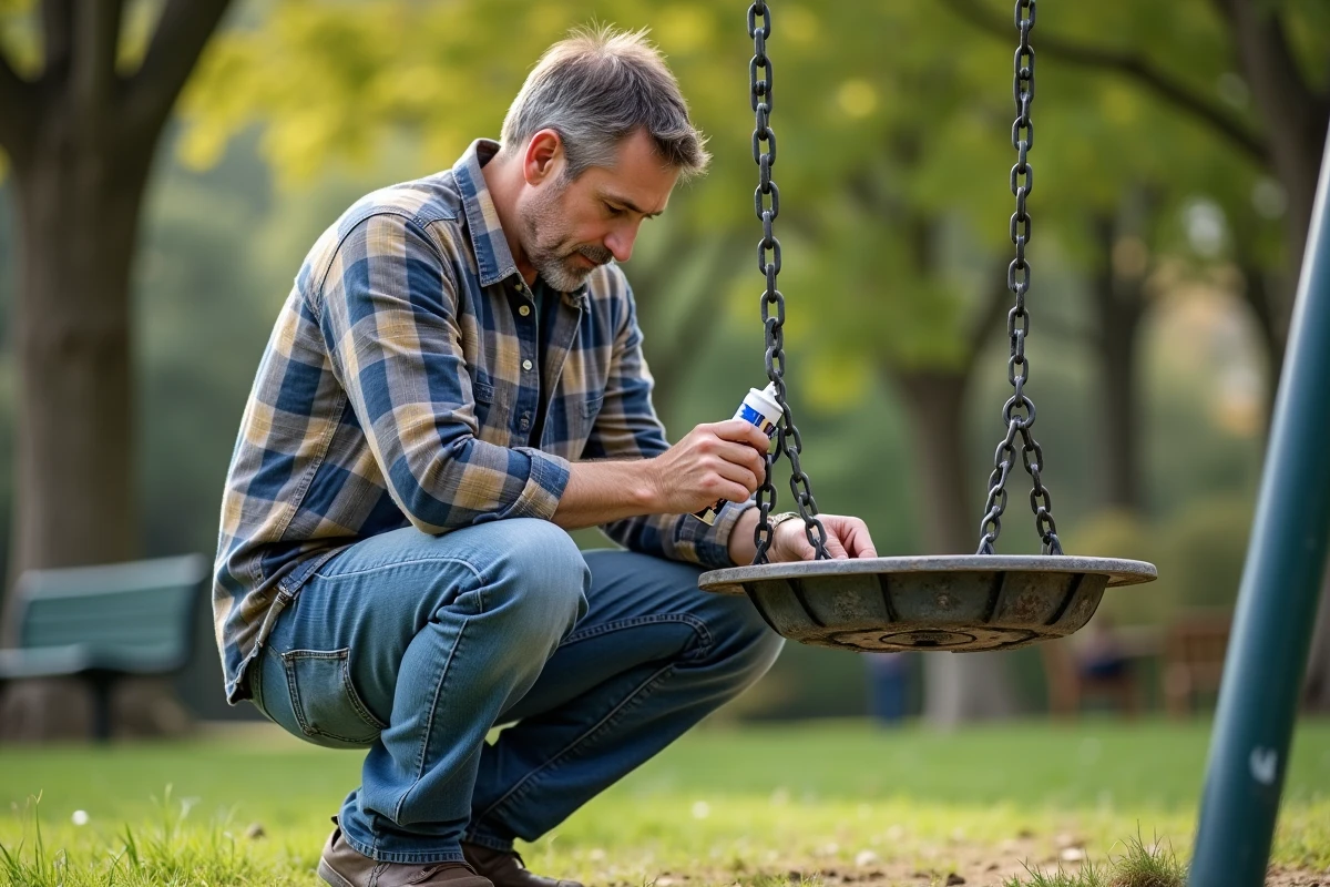 Homme d'âge moyen appliquant du lubrifiant sur une balançoire dans un parc