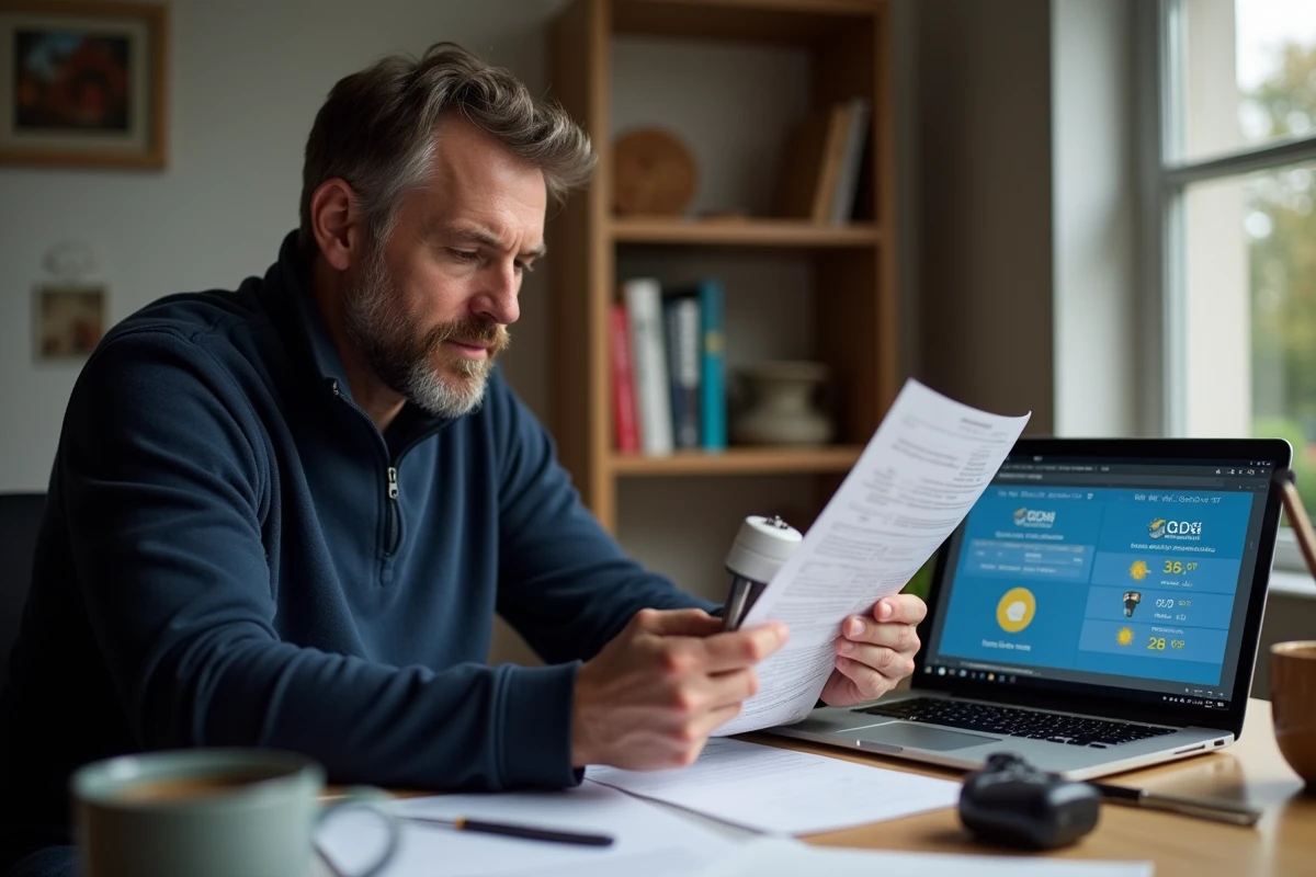 Homme consultant le manuel de la station météo La Crosse Technology pour effectuer une réinitialisation