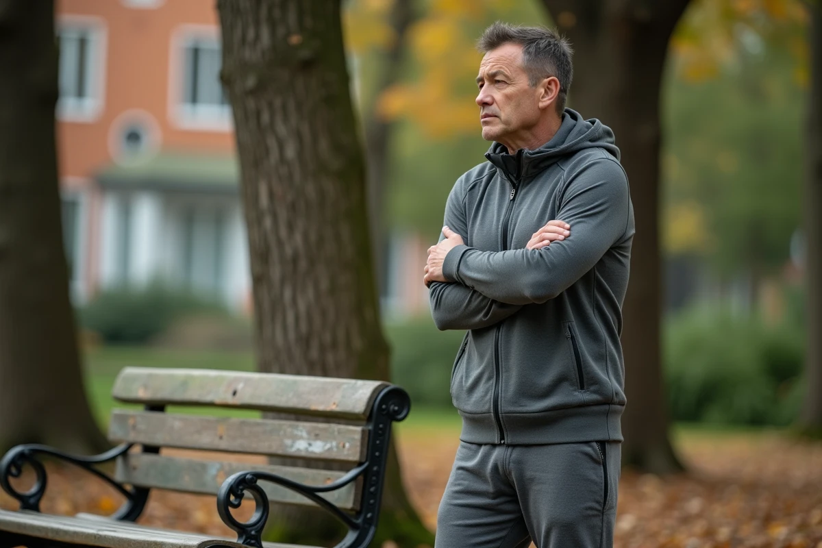 Homme marchant dans un parc urbain avec inconfort