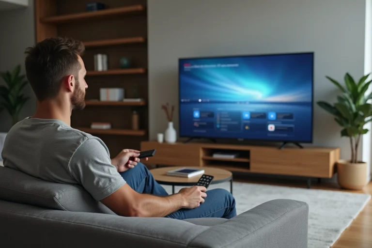 Homme détendu regardant la télévision moderne dans un salon minimaliste