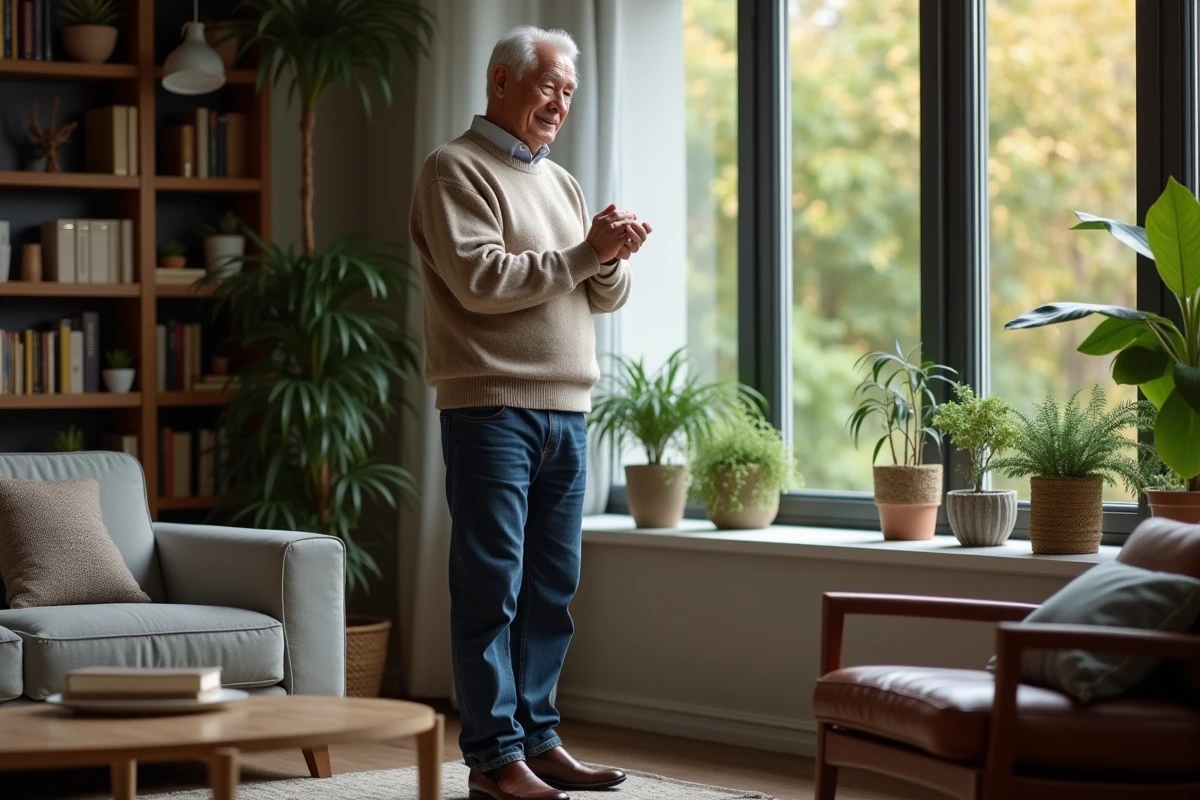 Homme senior en jeans et pull dans un salon chaleureux