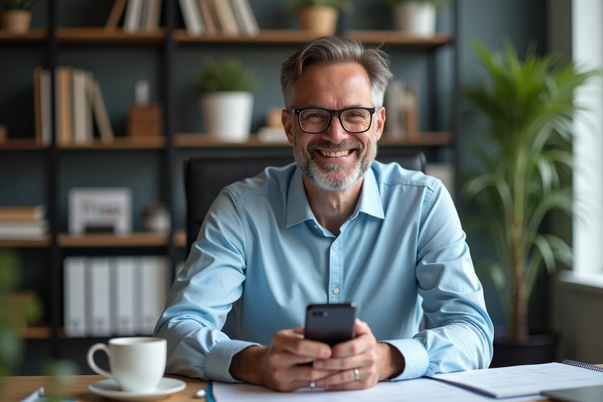 Homme souriant utilisant son smartphone au bureau