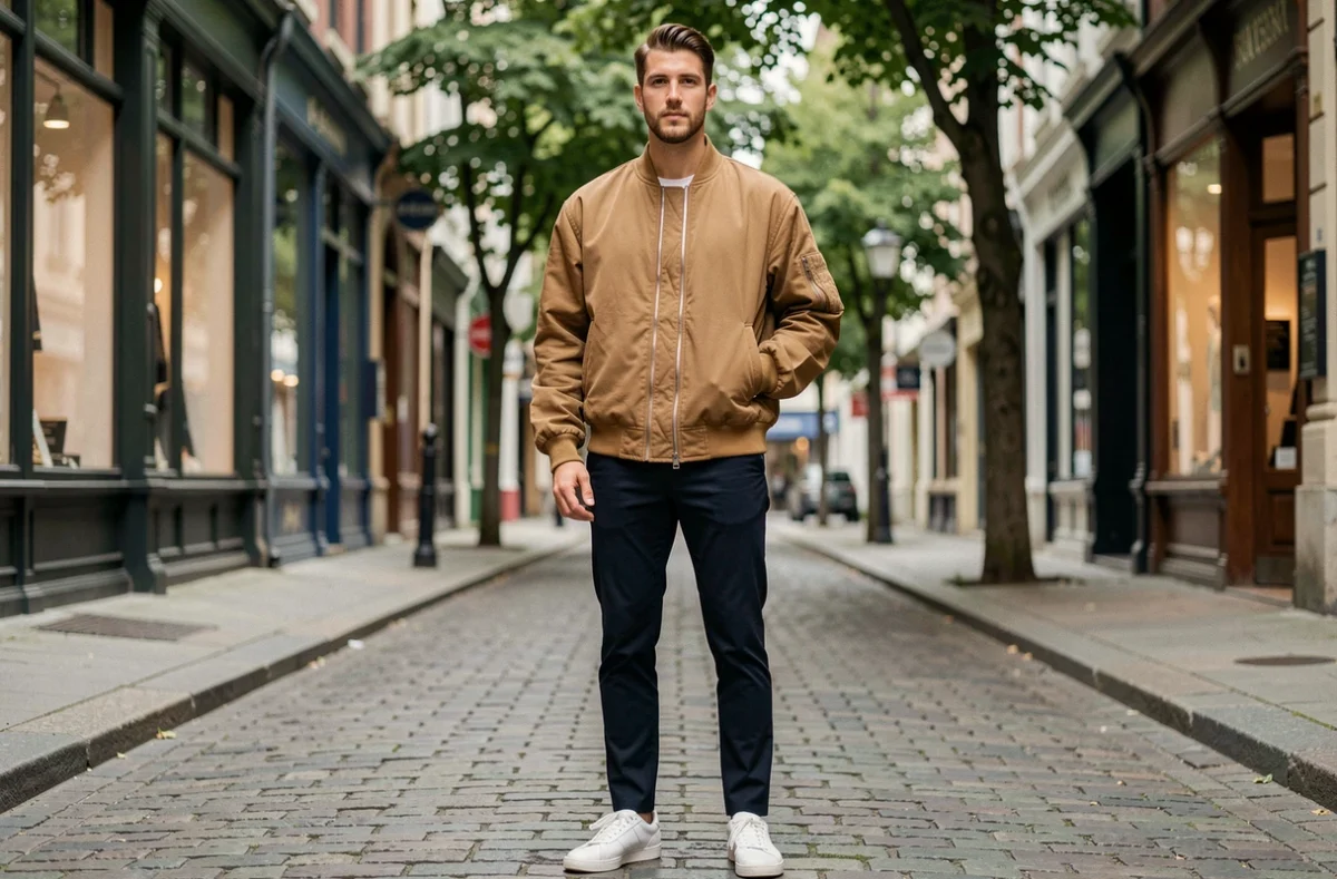 Homme en style streetwear tendance portant un bomber jacket oversize dans une rue pavée européenne