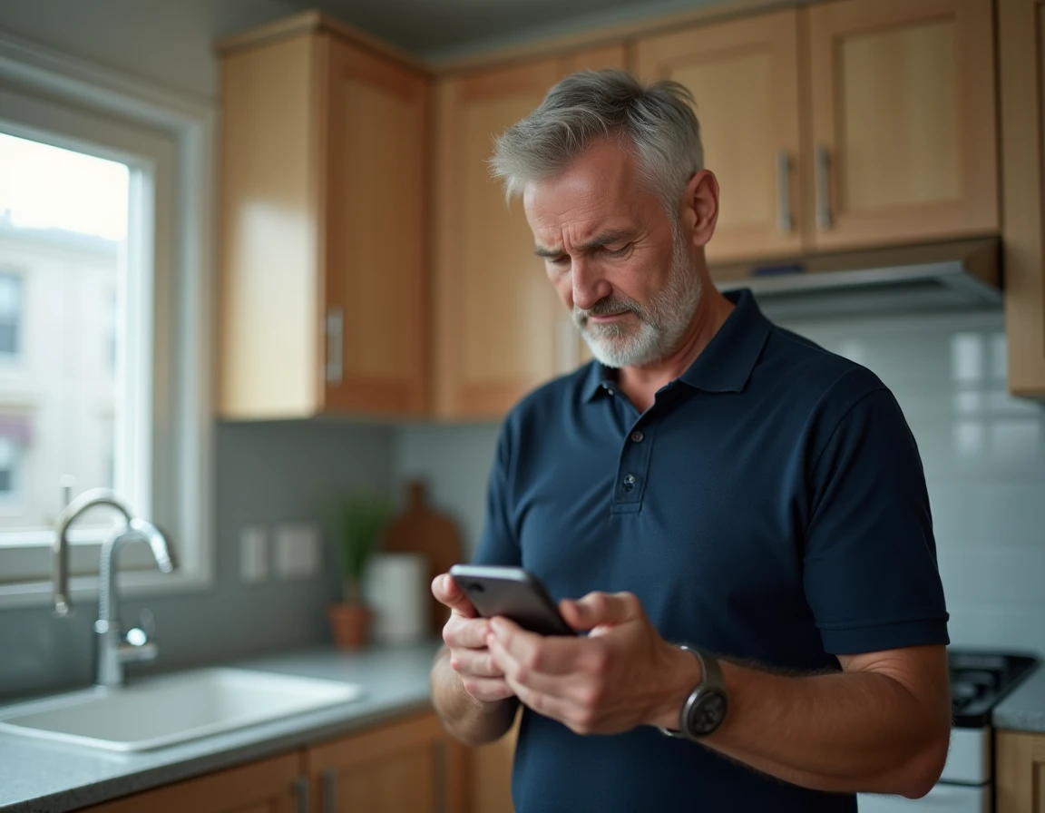 Homme d'âge mûr vérifiant son smartphone avec méfiance face à une notification suspecte, thème de la sécurité en ligne