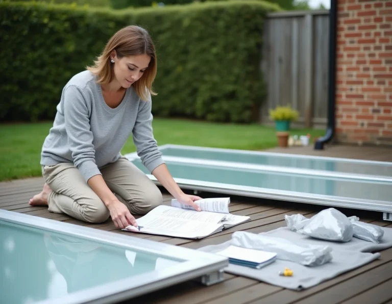 Femme assemblant les composants d'une véranda en kit dans son jardin, manuel d'instructions ouvert au sol