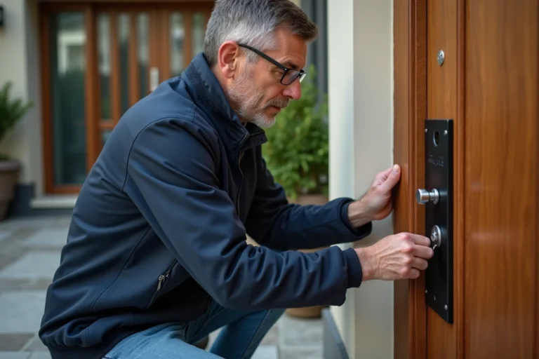 Homme moyenâgeux installe une serrure solide sur une porte en bois