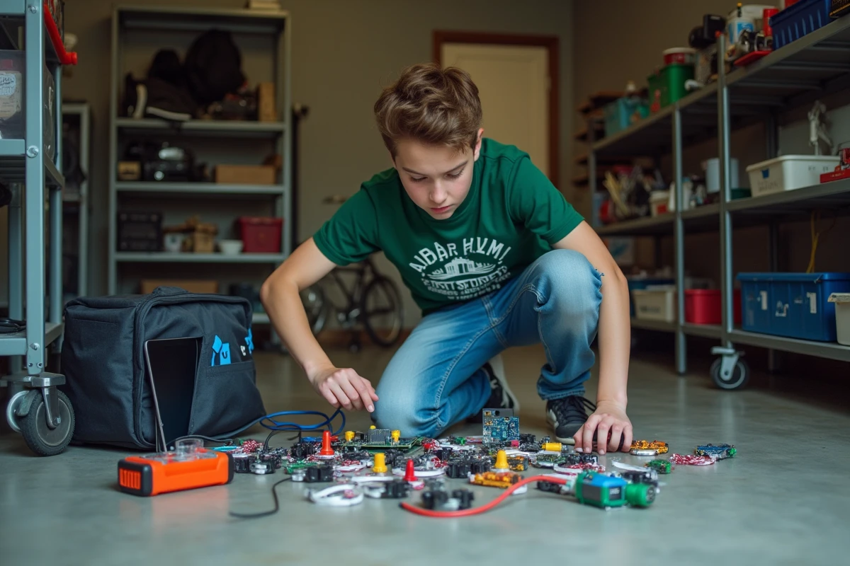Jeune passionné d'électronique assemblant des composants Arduino et Raspberry Pi en suivant un tutoriel pratique dans un garage