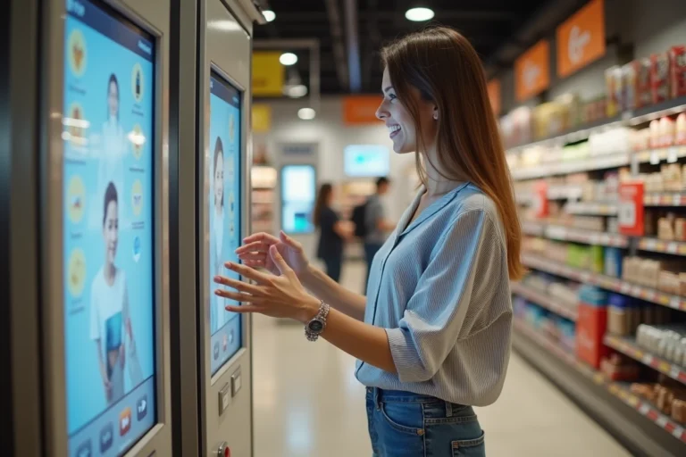 Jeune femme souriante utilisant une borne photo dans un supermarche