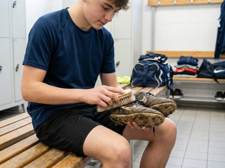 Jeune garçon nettoyant ses chaussures de football dans le vestiaire