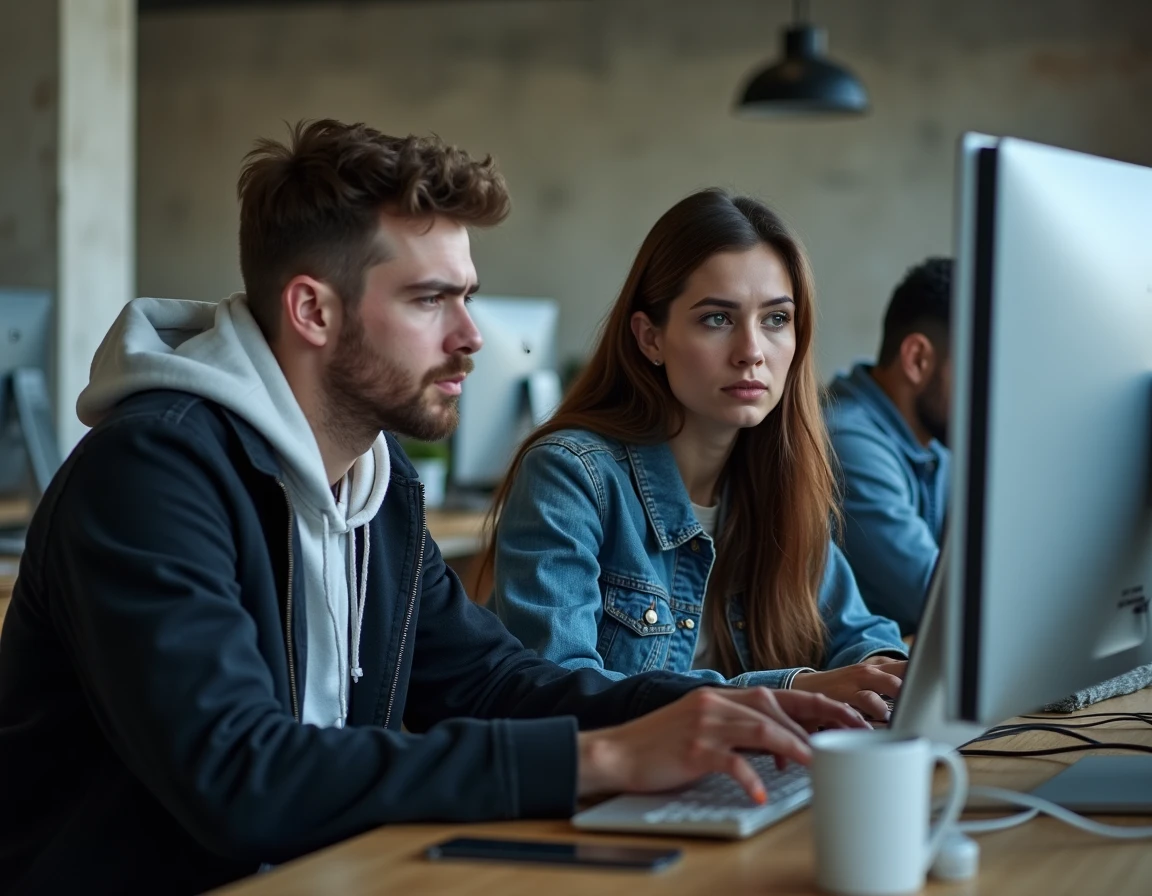 Deux jeunes adultes analysant ensemble un navigateur web sécurisé dans un espace de coworking, illustration des bonnes pratiques de navigation en 2026