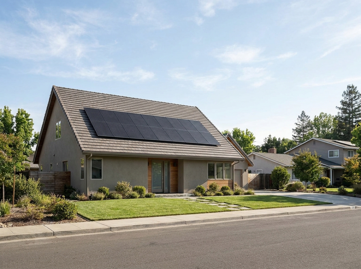 Vue extérieure d'une maison individuelle avec des panneaux solaires installés sur un toit en pente orienté sud