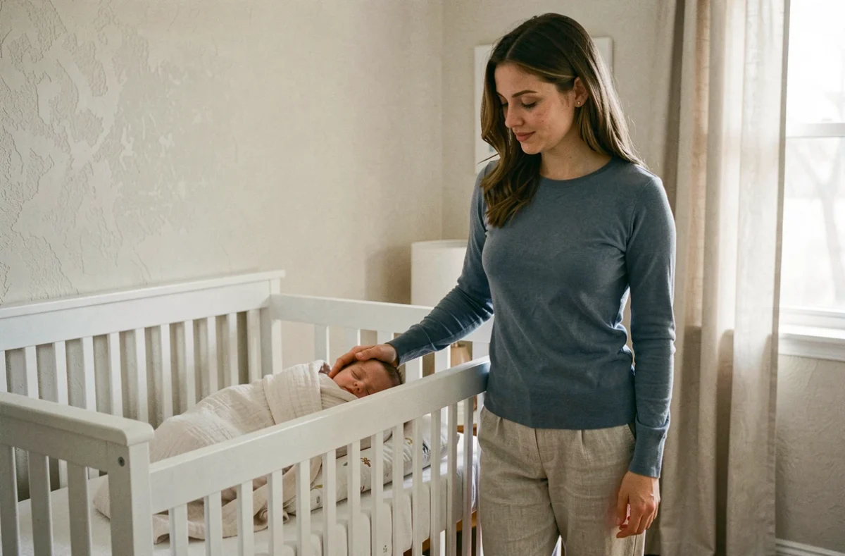 Jeune maman veillant sur son bébé endormi dans son lit à barreaux blanc, illustrant la transition vers la chambre individuelle