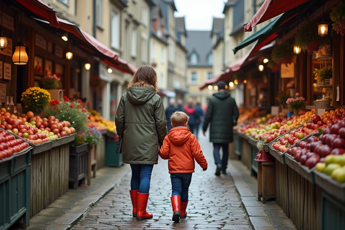 Maman et enfant explorant un marché en Normandie