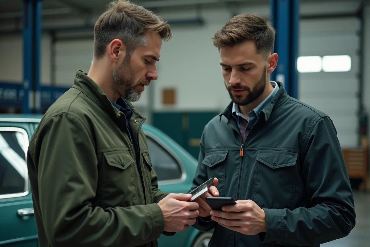 Mécanicien consultant la page sitemap d'un blog automobile sur smartphone dans un garage professionnel