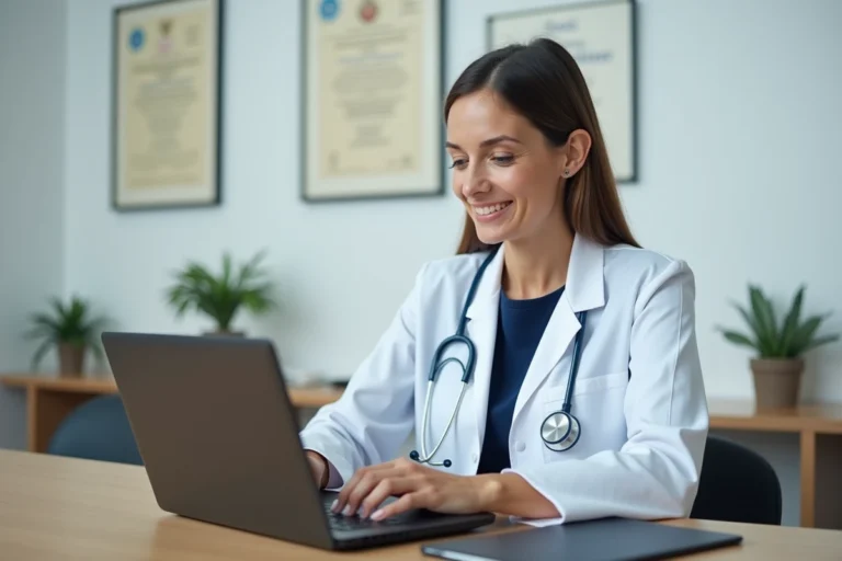 Médecin femme consultant des solutions de santé en ligne sur ordinateur portable et tablette dans un cabinet médical moderne