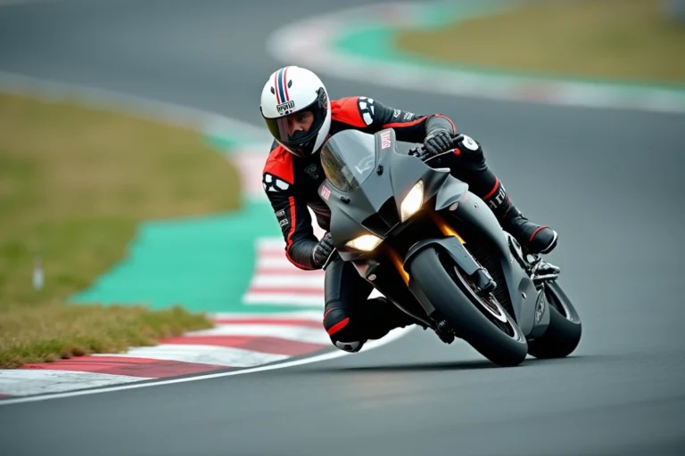 Motard en combinaison de cuir rouge et noir prenant un virage serré sur un circuit professionnel, genou au ras du bitume