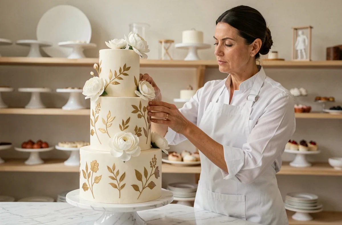 Pâtissière professionnelle décorant un gâteau de mariage élégant à plusieurs étages avec des fleurs en sucre et des pivoines fraîches dans un atelier