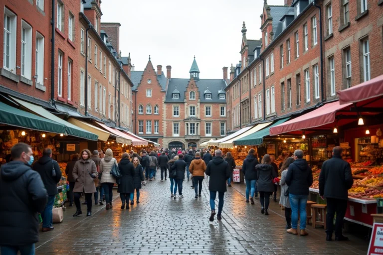 Marché en plein air animé sur la Place des Lices à Rennes avec des habitants parcourant les étals de producteurs locaux