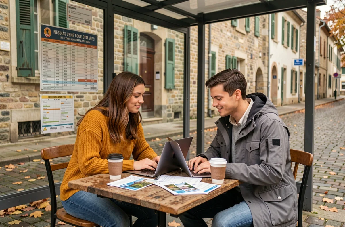 Couple planifiant un voyage en bus économique en France depuis une terrasse de café près d'un arrêt de bus en ville de province