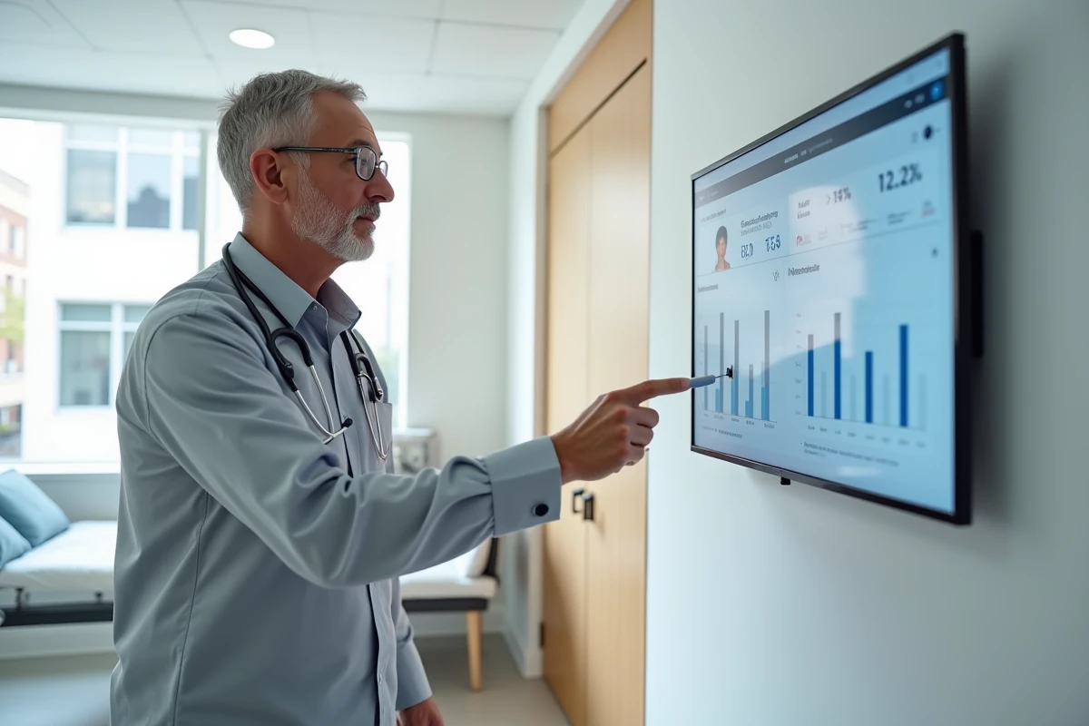Médecin généraliste utilisant un tableau de bord numérique de télémédecine dans une salle de consultation clinique moderne