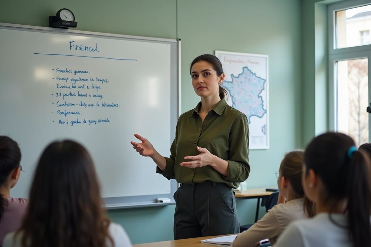 Professeure de collège expliquant une leçon de français au tableau devant sa classe de 5e