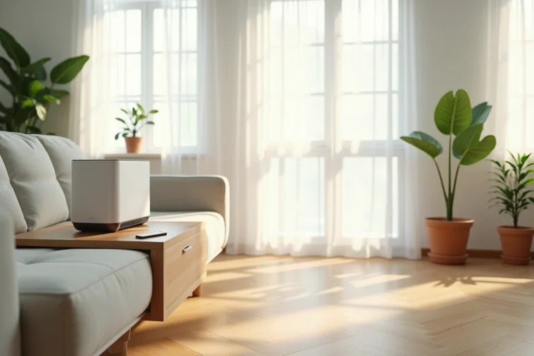 Purificateur d'air Foyerlumina posé sur une console en bois dans un salon moderne et épuré avec plantes d'intérieur