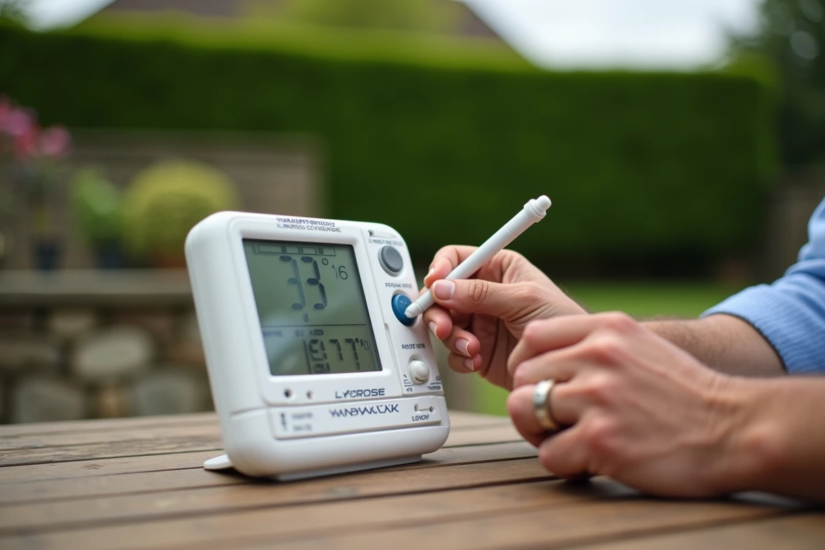 Gros plan sur la réinitialisation d'une station météo La Crosse Technology en extérieur dans un jardin