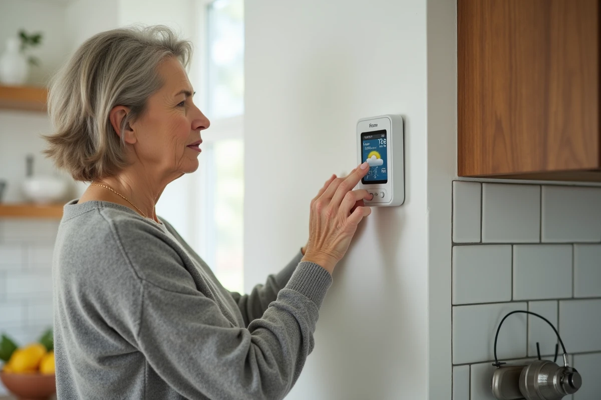 Femme réinitialisant une station météo La Crosse Technology dans une cuisine moderne