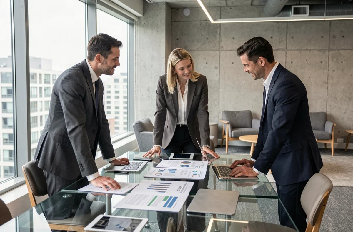 Trois professionnels B2B en réunion autour d'une table de conférence moderne discutant des dernières tendances du secteur