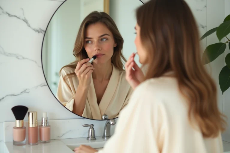 Jeune femme appliquant du rouge à lèvres devant un miroir de coiffeuse en marbre blanc, ambiance beauté naturelle et minimaliste