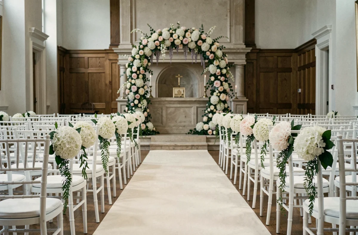Vue en perspective de l'allée centrale d'une salle de cérémonie de mariage décorée avec des chaises Chiavari blanches et une arche florale élaborée