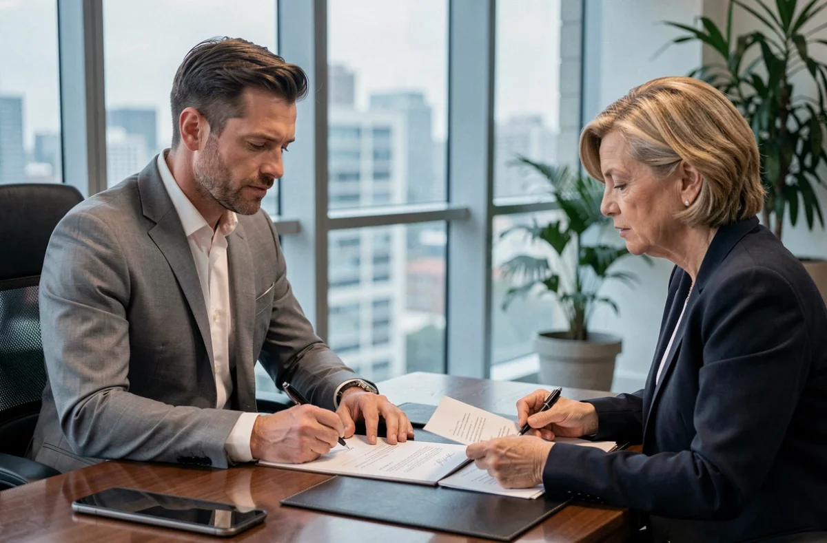 Homme signant un contrat immobilier avec un conseiller bancaire dans un bureau moderne lors de la finalisation d'un prêt immobilier