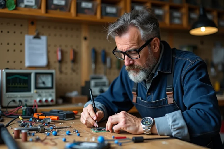 Homme en tablier de travail faisant de la soudure sur un circuit électronique dans un atelier d'électronique amateur bien équipé