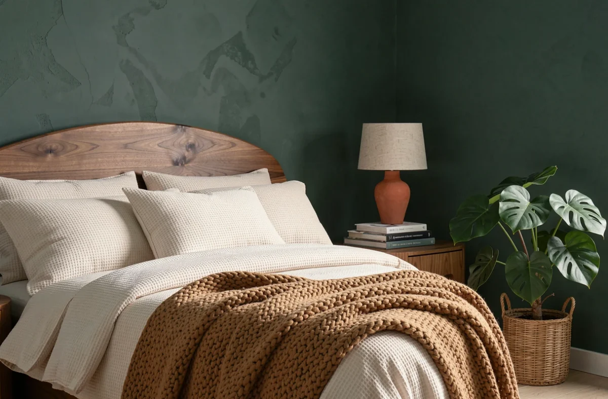 Chambre tendance 2024 avec tête de lit en noyer, mur vert sauge et literie texturée en tons neutres