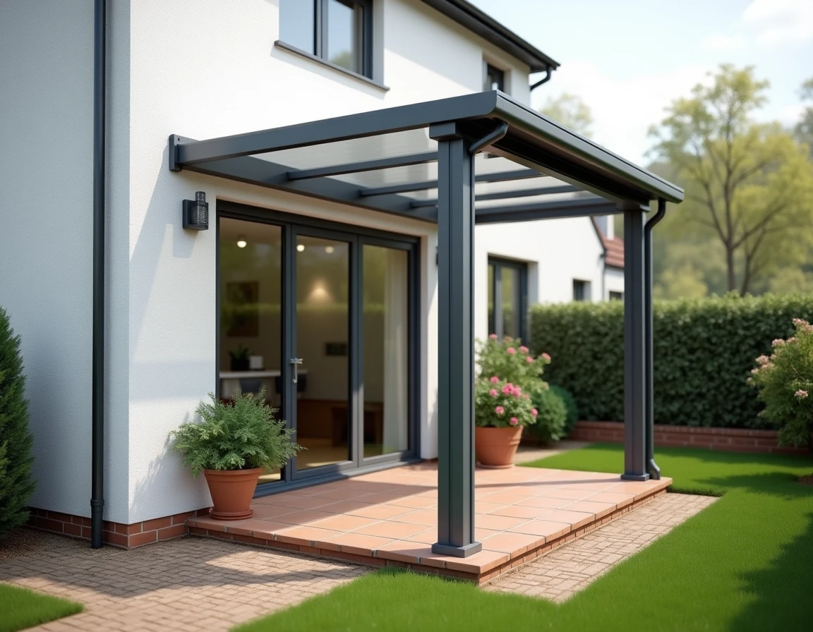 Véranda en kit aluminium et polycarbonate installée contre la façade d'une maison individuelle