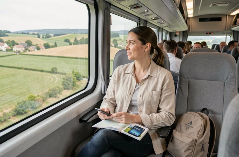 Femme assise dans un bus interurbain moderne en France, regardant le paysage rural par la fenêtre avec un billet de bus sur smartphone